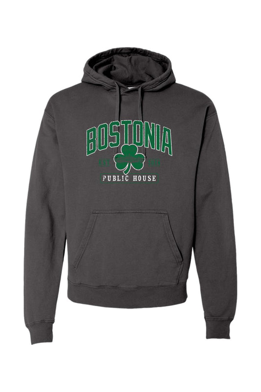 Charcoal grey garment-dyed hoodie with Bostonia Public House clover graphic in green and white.
