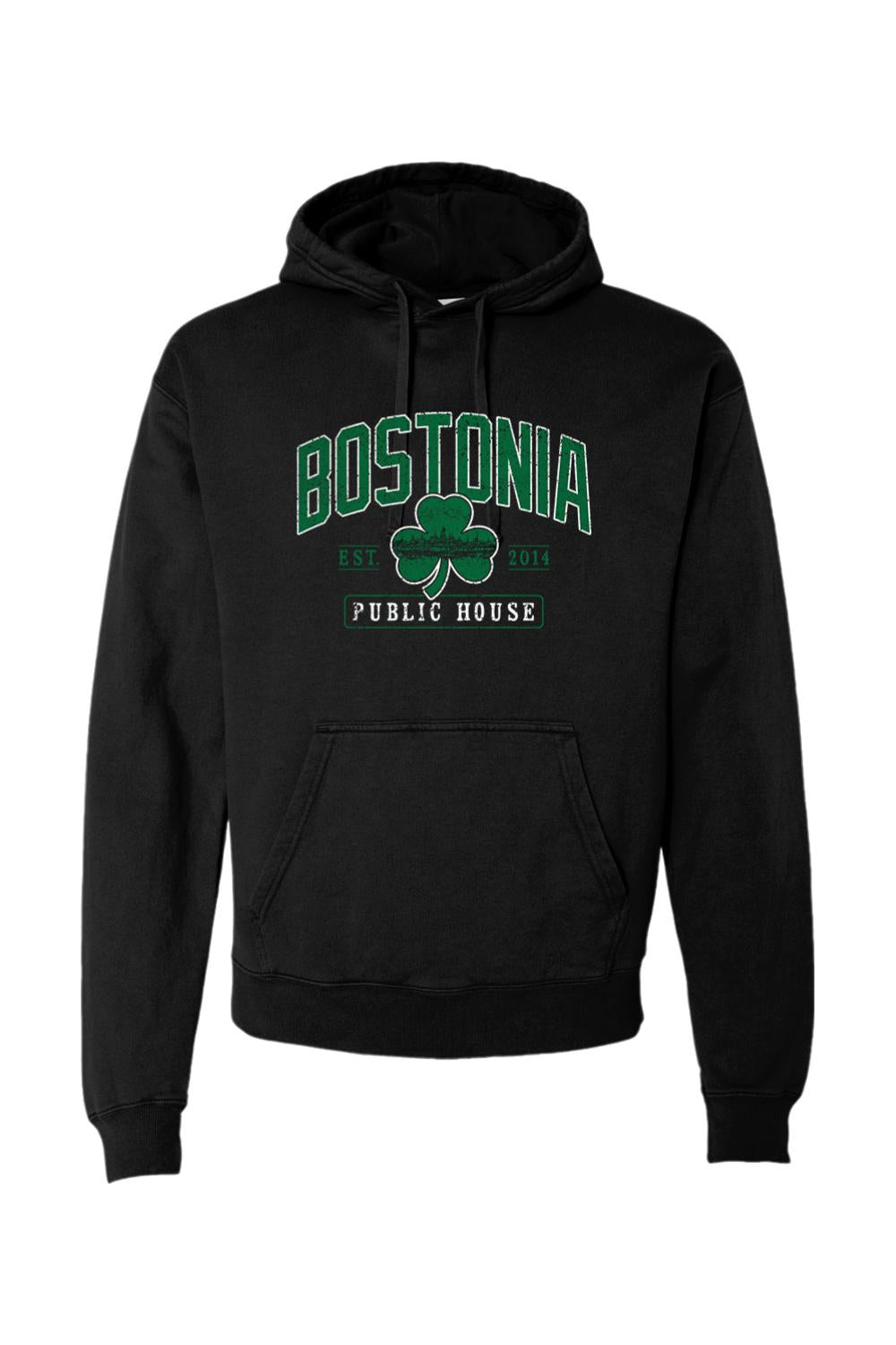 Black garment-dyed hoodie with Bostonia Public House clover graphic, drawstring hood, and front kangaroo pocket.