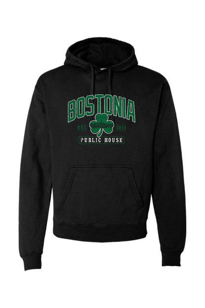 Black garment-dyed hoodie with Bostonia Public House clover graphic, drawstring hood, and front kangaroo pocket.