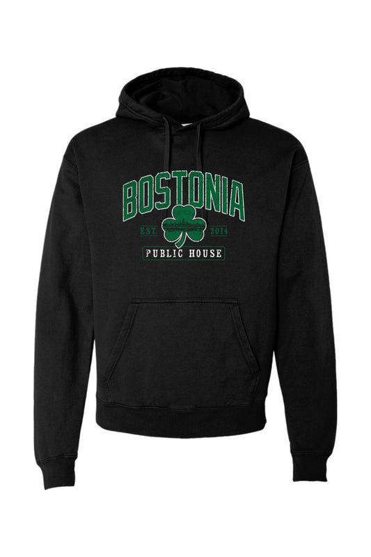 Black garment-dyed hoodie with Bostonia Public House clover graphic, drawstring hood, and front kangaroo pocket.