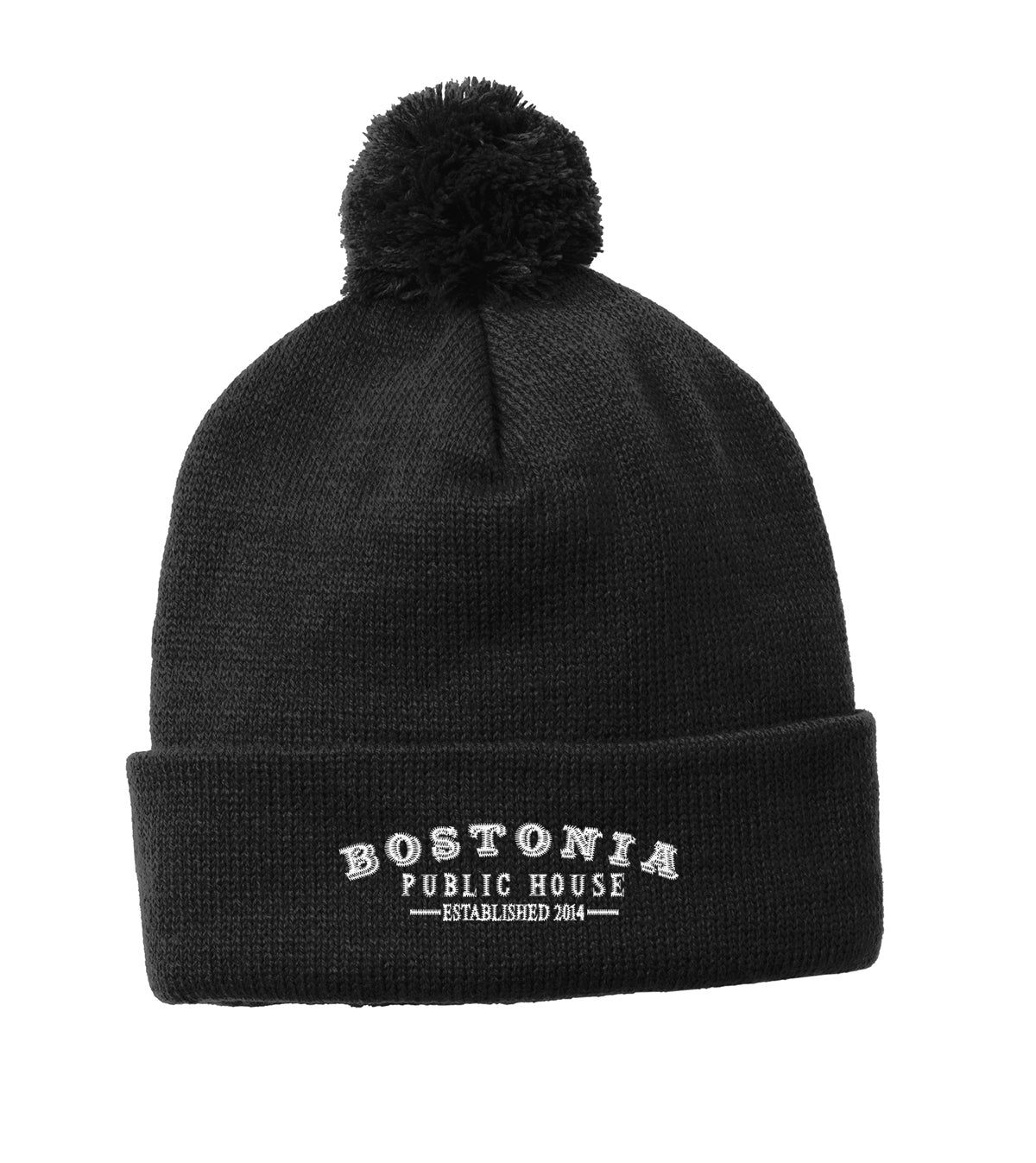 Black acrylic cuffed beanie with a matching pom pom and white Bostonia Public House embroidery on the cuff.
