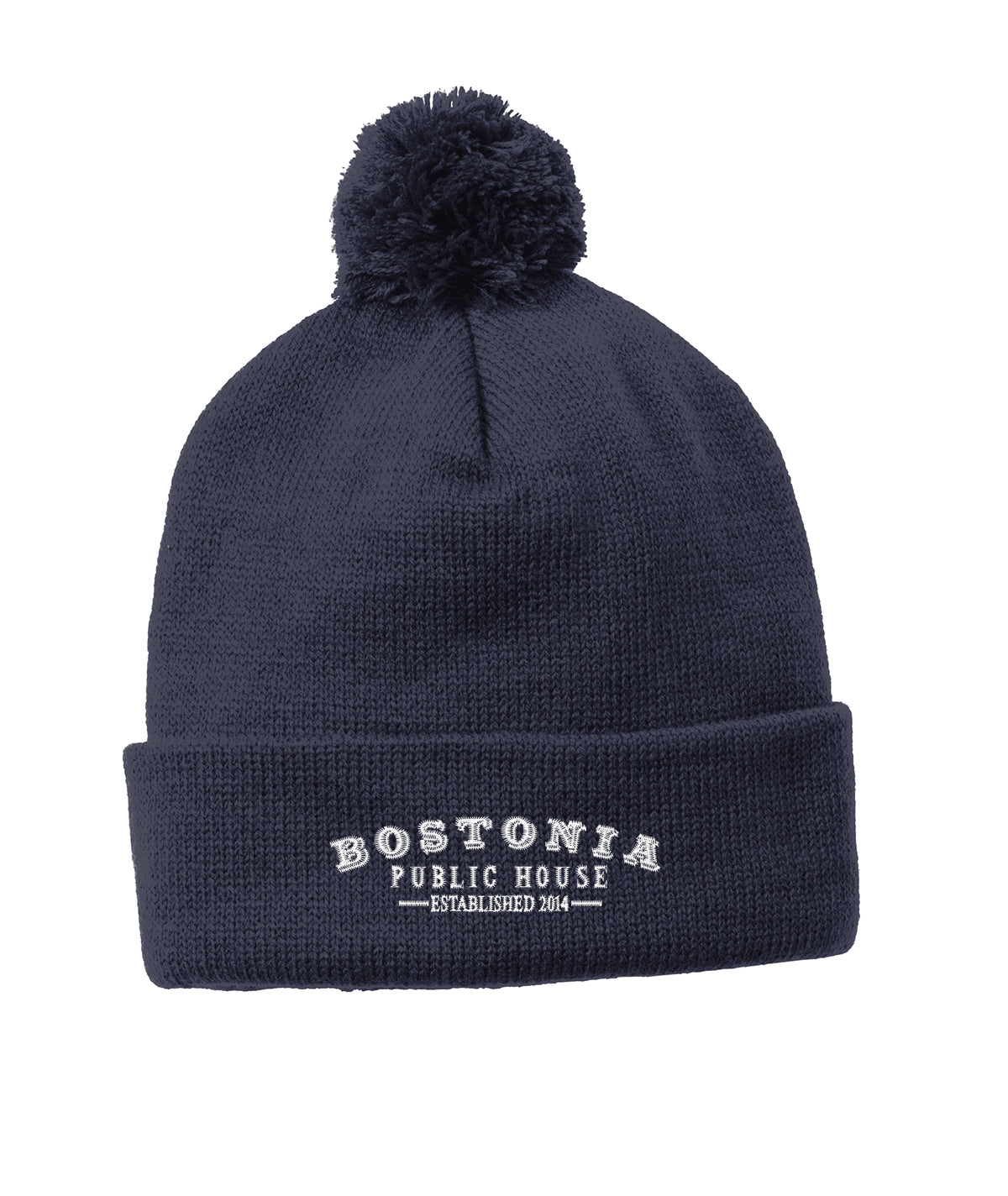Navy blue 100% acrylic cuff beanie with a matching pom pom and white Bostonia Public House logo embroidery.
