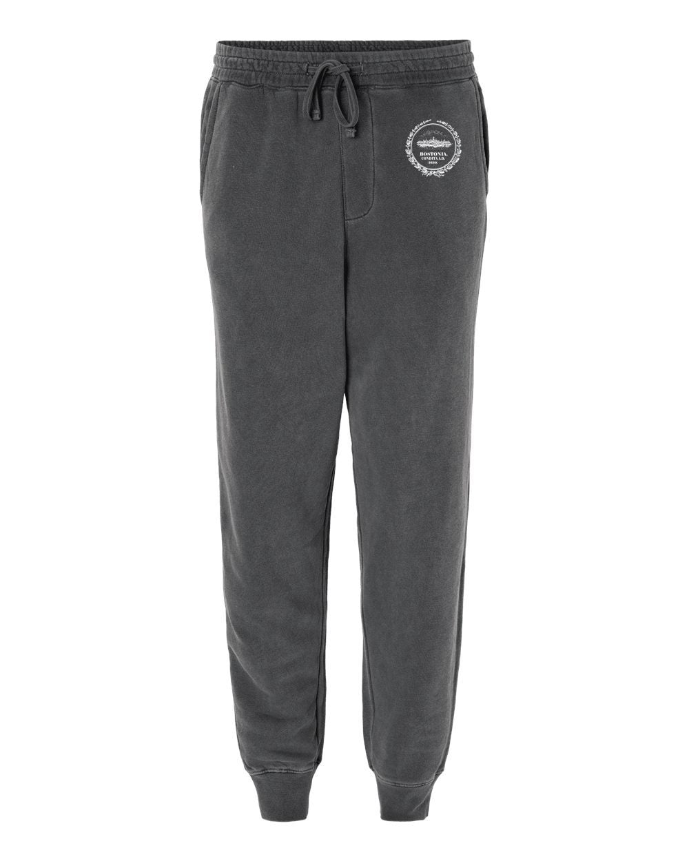 Charcoal grey Bostonia fleece joggers with an elastic drawstring waistband, ribbed ankle cuffs, and a circular logo.
