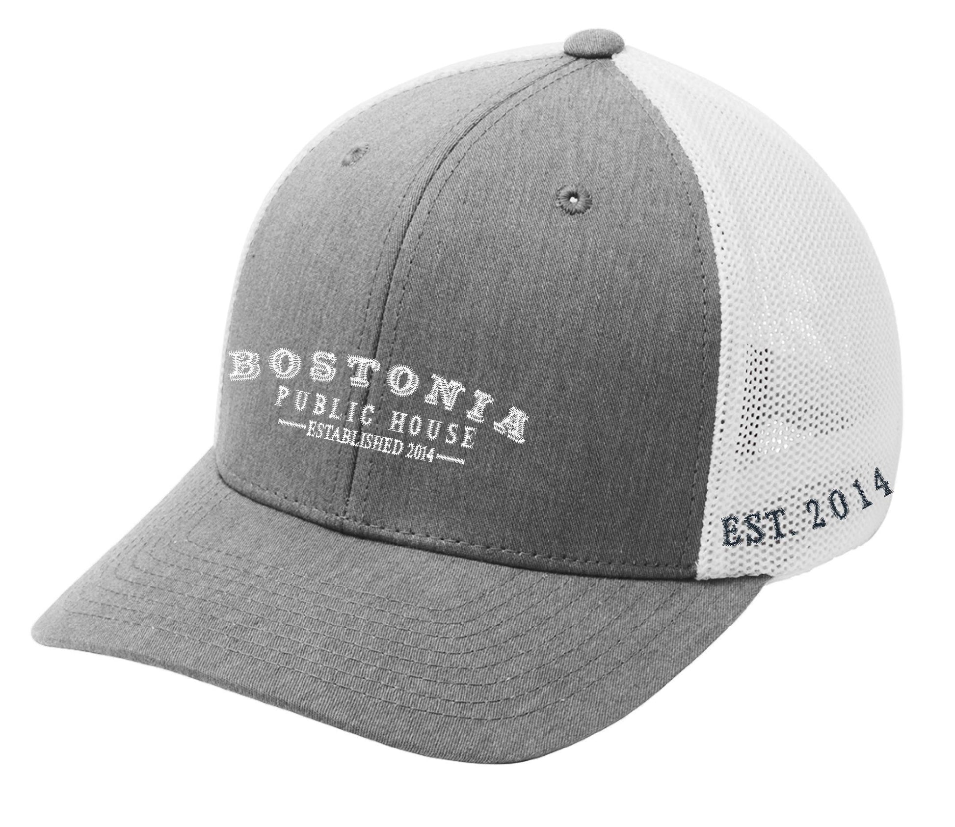 Grey and white Bostonia Public House Flexfit mesh back cap with a structured mid-profile and curved bill.