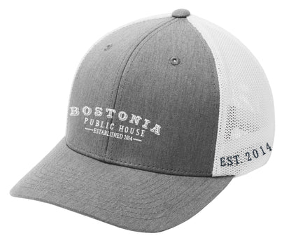 Grey and white Bostonia Public House Flexfit mesh back cap with a structured mid-profile and curved bill.
