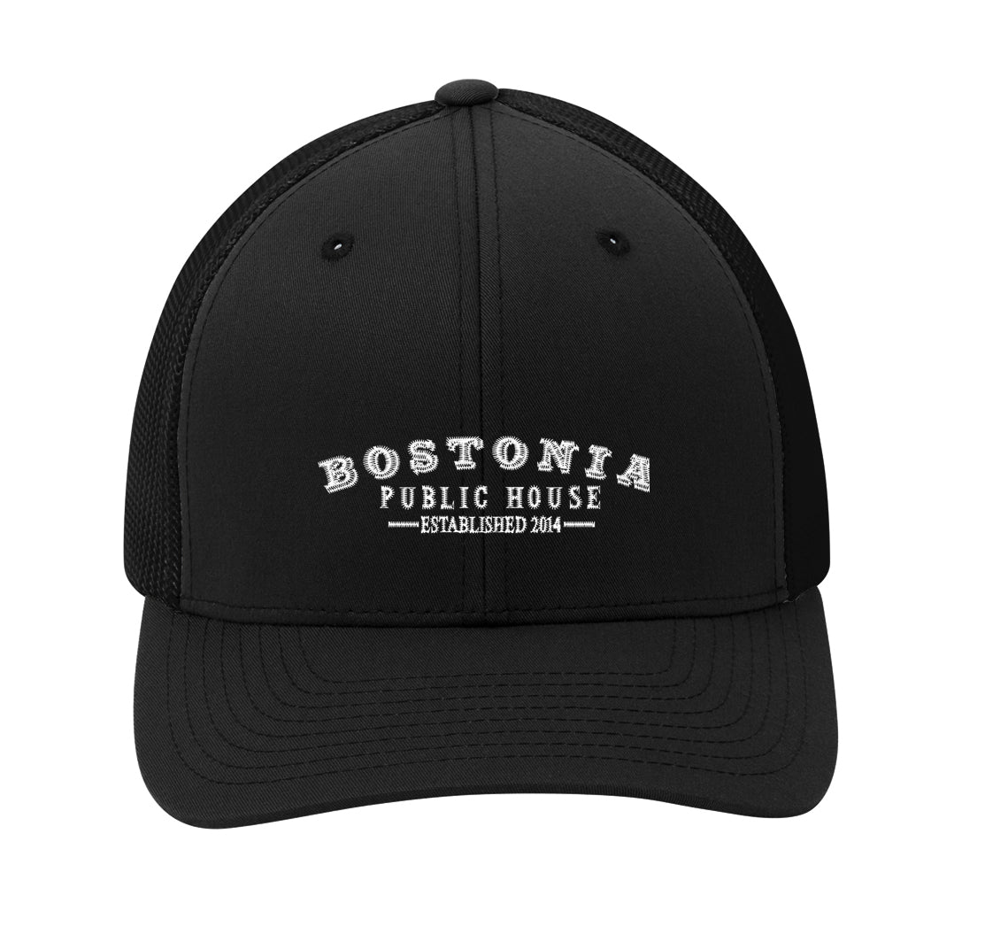 Black Bostonia Public House Flexfit mesh back cap with structured front panels and a curved bill.