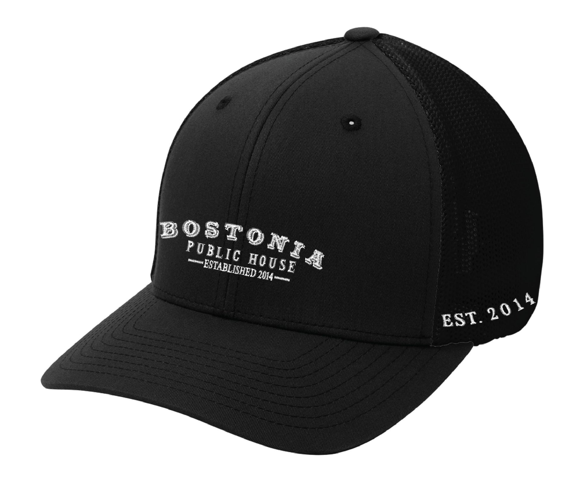 Black Bostonia Public House structured flexfit cap with breathable mesh back and white embroidered logo.
