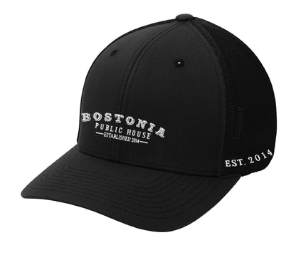 Black Bostonia Public House structured flexfit cap with breathable mesh back and white embroidered logo.