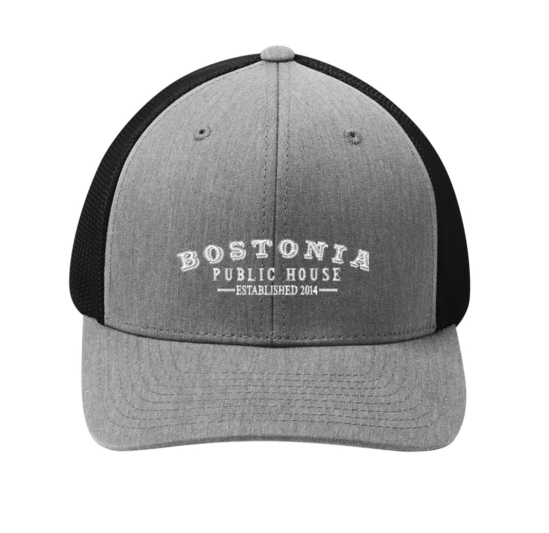 Grey and black structured Flexfit cap with breathable mesh back and embroidered Bostonia Public House logo.