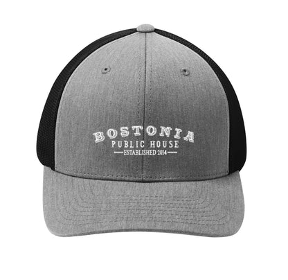 Grey and black structured Flexfit cap with breathable mesh back and embroidered Bostonia Public House logo.