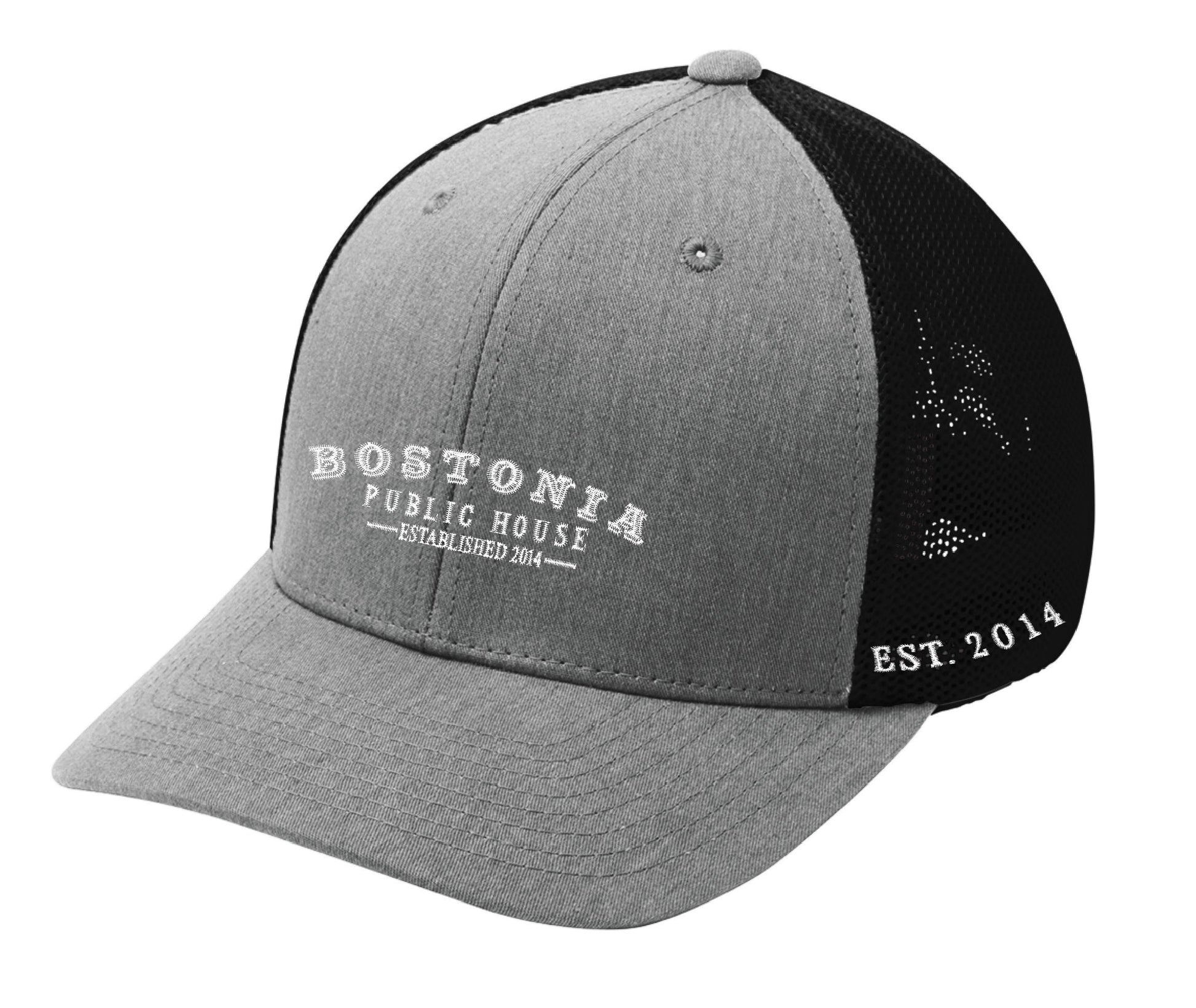 Grey and black Bostonia Public House mesh back cap with a structured mid-profile fit and curved bill.