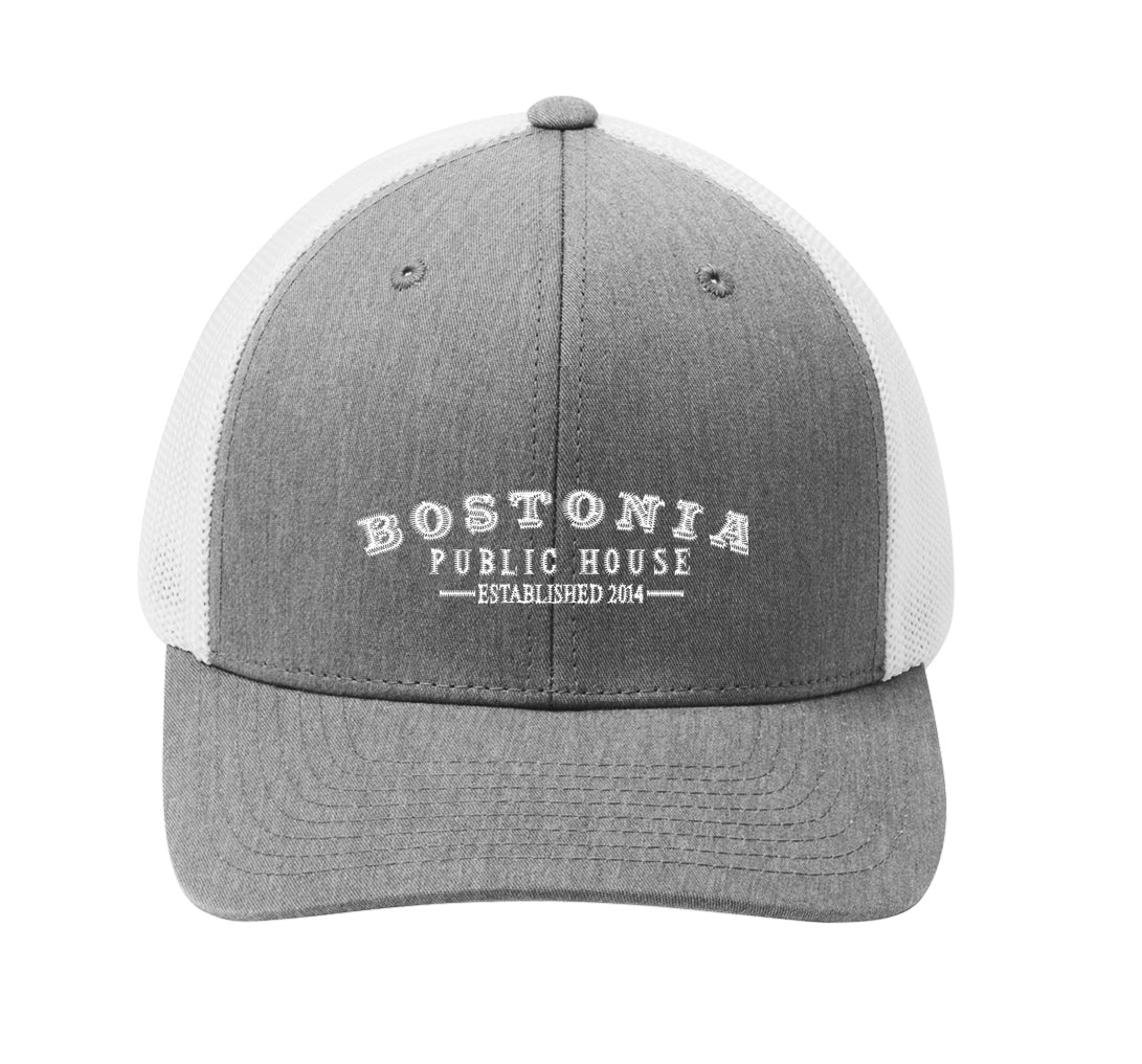 Grey and white Bostonia Public House structured flexfit cap with a breathable mesh back and curved brim.