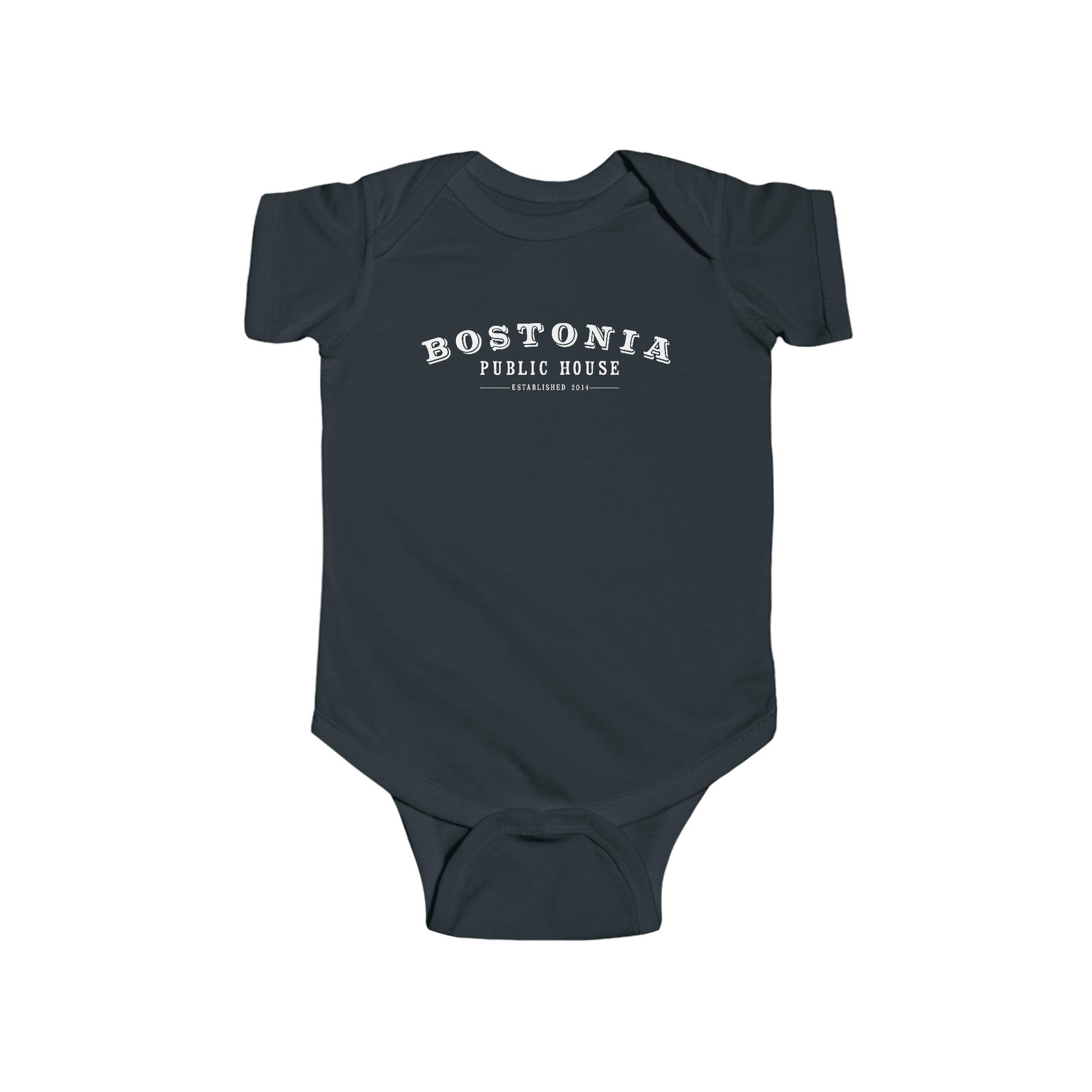 Dark grey infant jersey onesie with white Bostonia Public House logo print and ribbed knit bindings.