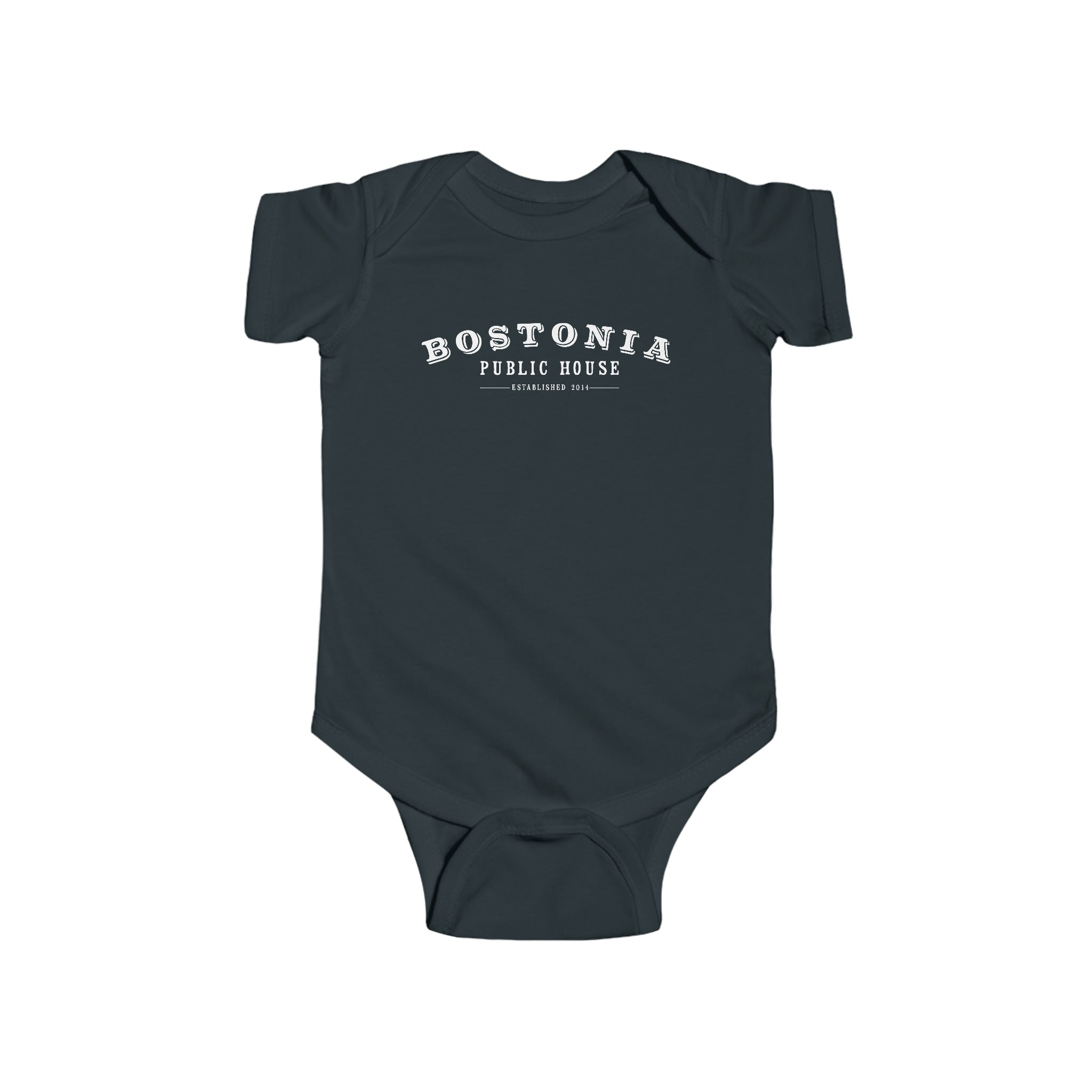 Dark grey infant jersey onesie with white Bostonia Public House logo print and ribbed knit bindings.