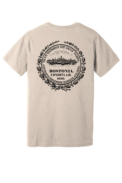 Beige unisex jersey tee featuring a black Boston city seal graphic on the back.