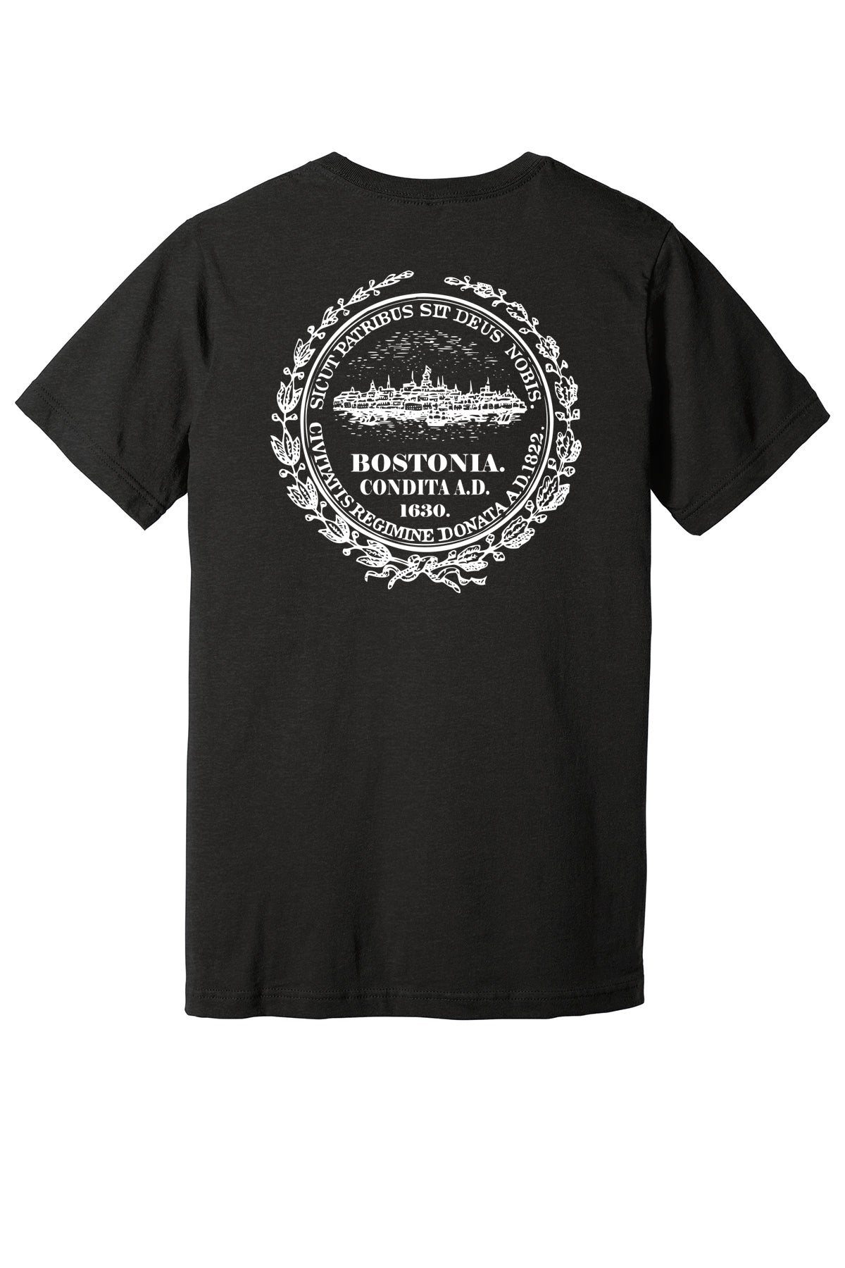 Black unisex jersey tee featuring a white Boston city seal graphic on the back.