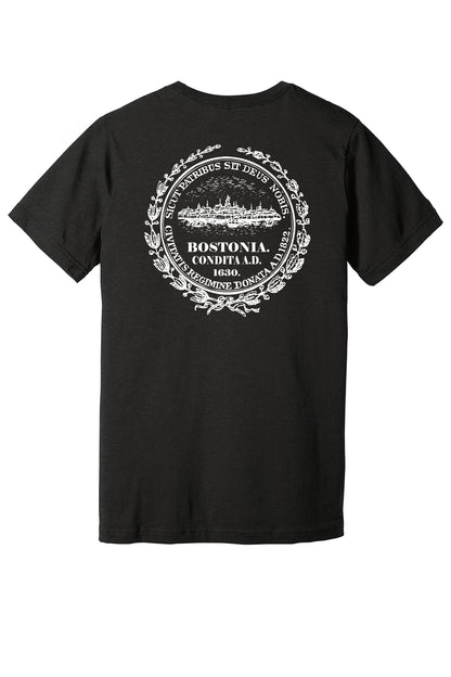 Black unisex jersey tee featuring a white Boston city seal graphic on the back.