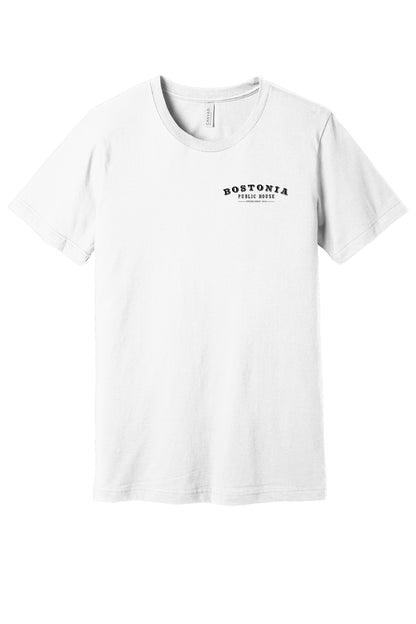 White unisex jersey crewneck t-shirt with a small black Bostonia Public House logo on the left chest.