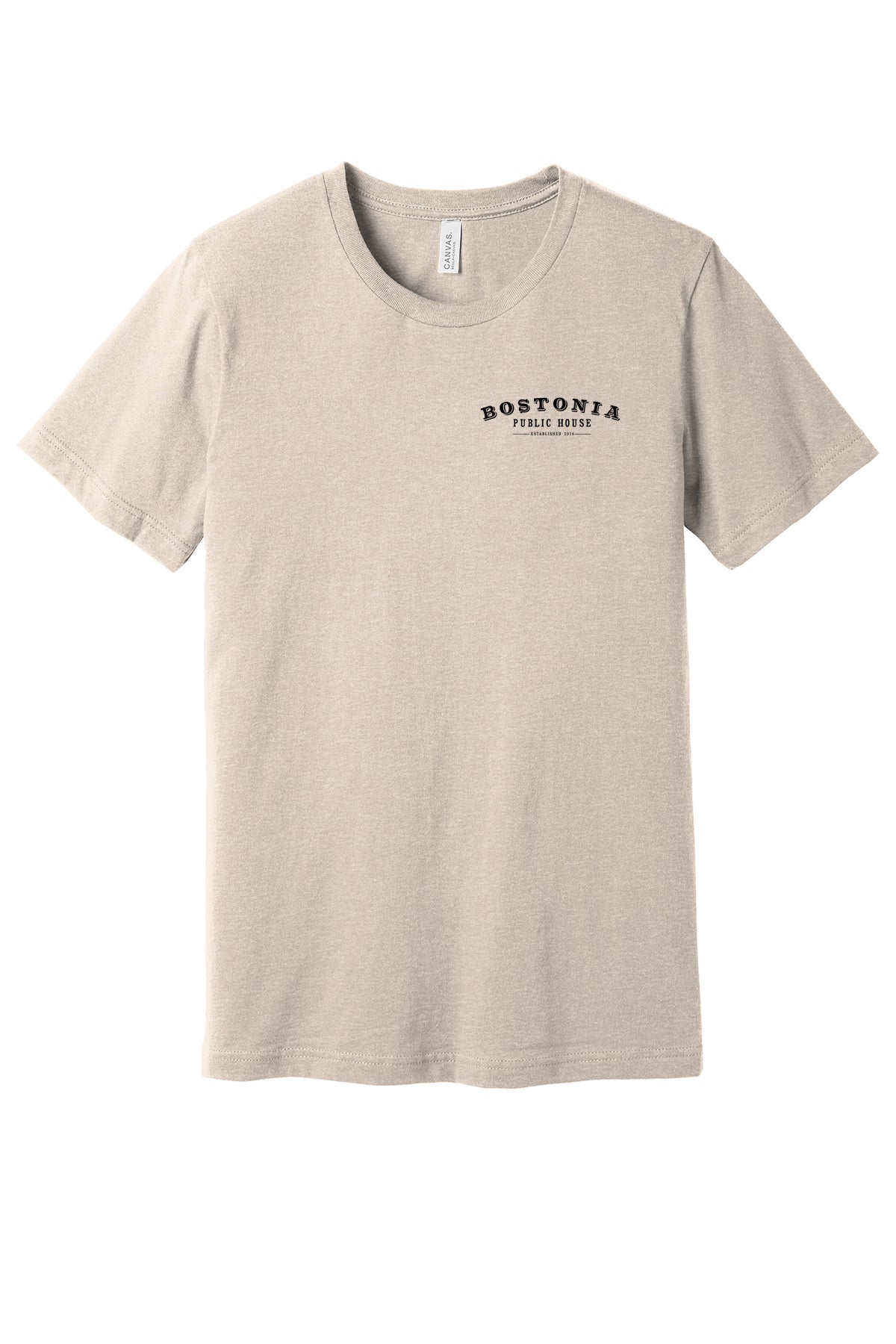 Beige heathered unisex jersey tee with a black Bostonia Public House logo on the left chest.