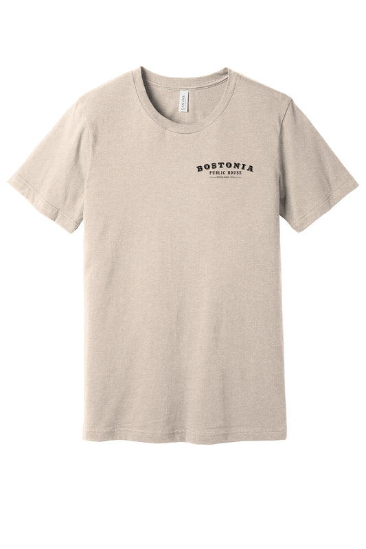 Beige heathered unisex jersey tee with a black Bostonia Public House logo on the left chest.