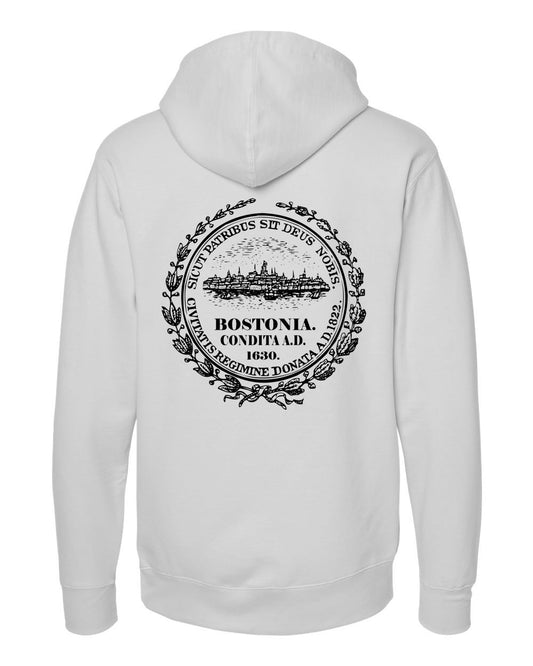White midweight hooded sweatshirt featuring a black Boston city seal graphic on the back.