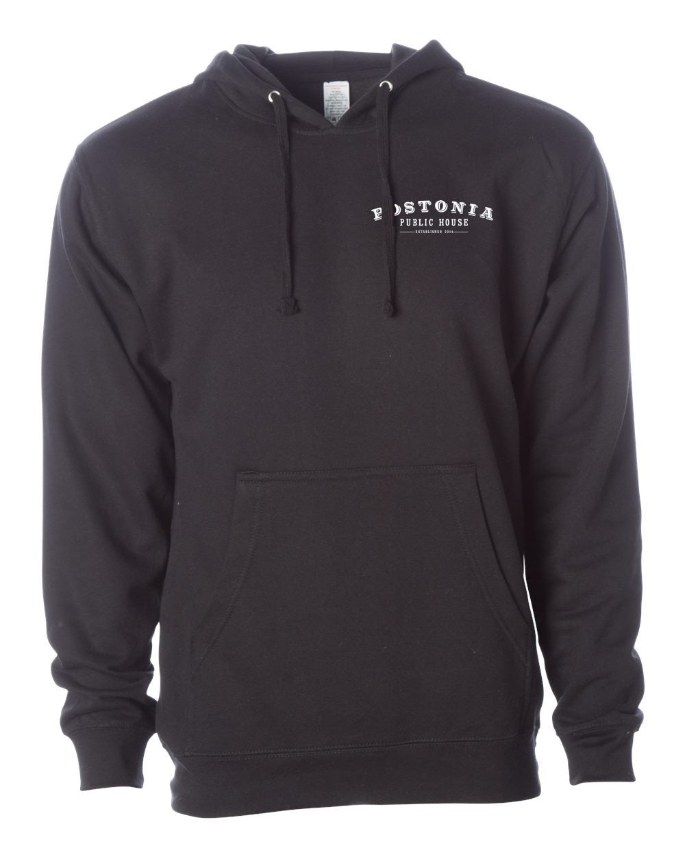Black midweight hooded sweatshirt with Bostonia Public House logo, featuring a pouch pocket and metal eyelets.