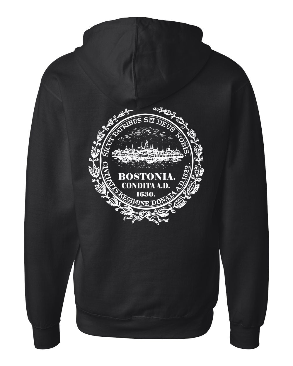 Black midweight hooded sweatshirt featuring a white Boston city seal graphic on the back.