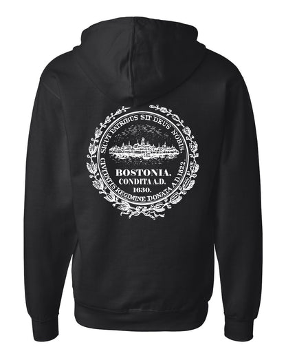 Black midweight hooded sweatshirt featuring a white Boston city seal graphic on the back.