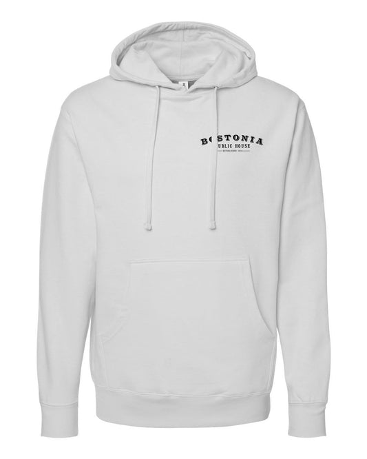 Light grey midweight hooded sweatshirt with Bostonia Public House logo, pouch pocket, and ribbed cuffs.