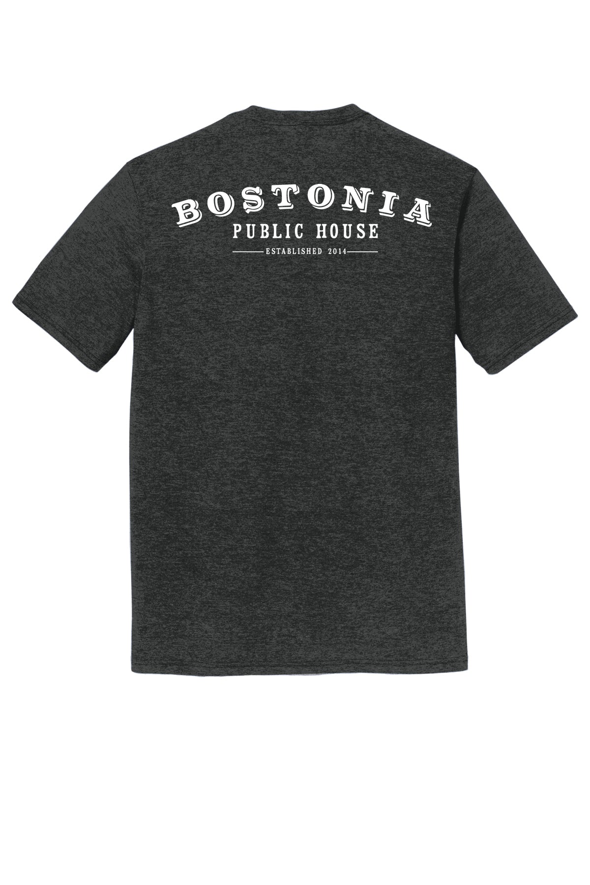 Dark grey heather triblend t-shirt featuring a white Bostonia Public House logo printed on the back.