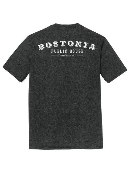 Dark grey heather triblend t-shirt featuring a white Bostonia Public House logo printed on the back.