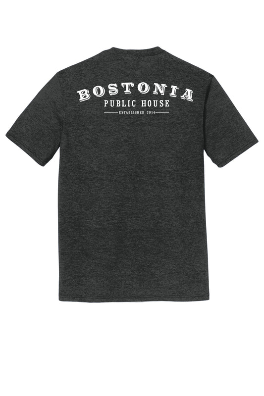 Dark grey heather triblend t-shirt featuring a white Bostonia Public House logo printed on the back.