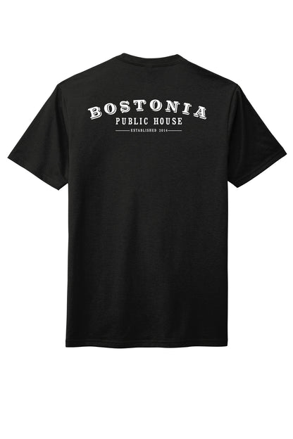 Black Bostonia Public House triblend crewneck tee with white back graphic print.