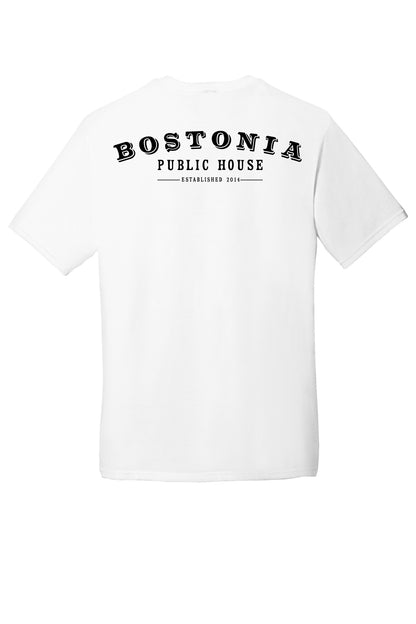 Back view of a white Bostonia Perfect Triblend tee featuring black Bostonia Public House logo text.