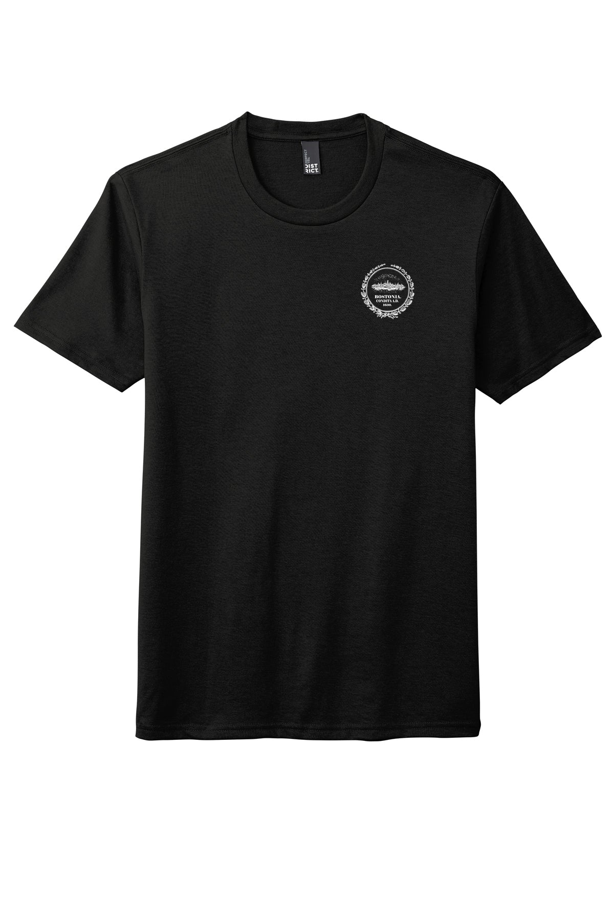 Black Bostonia Perfect Triblend crewneck tee with a white circular chest logo and ribbed neck trim.