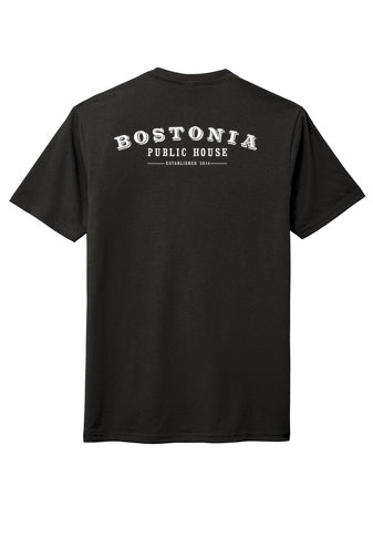 Black Bostonia Public House triblend t-shirt featuring a white screen-printed logo on the back.