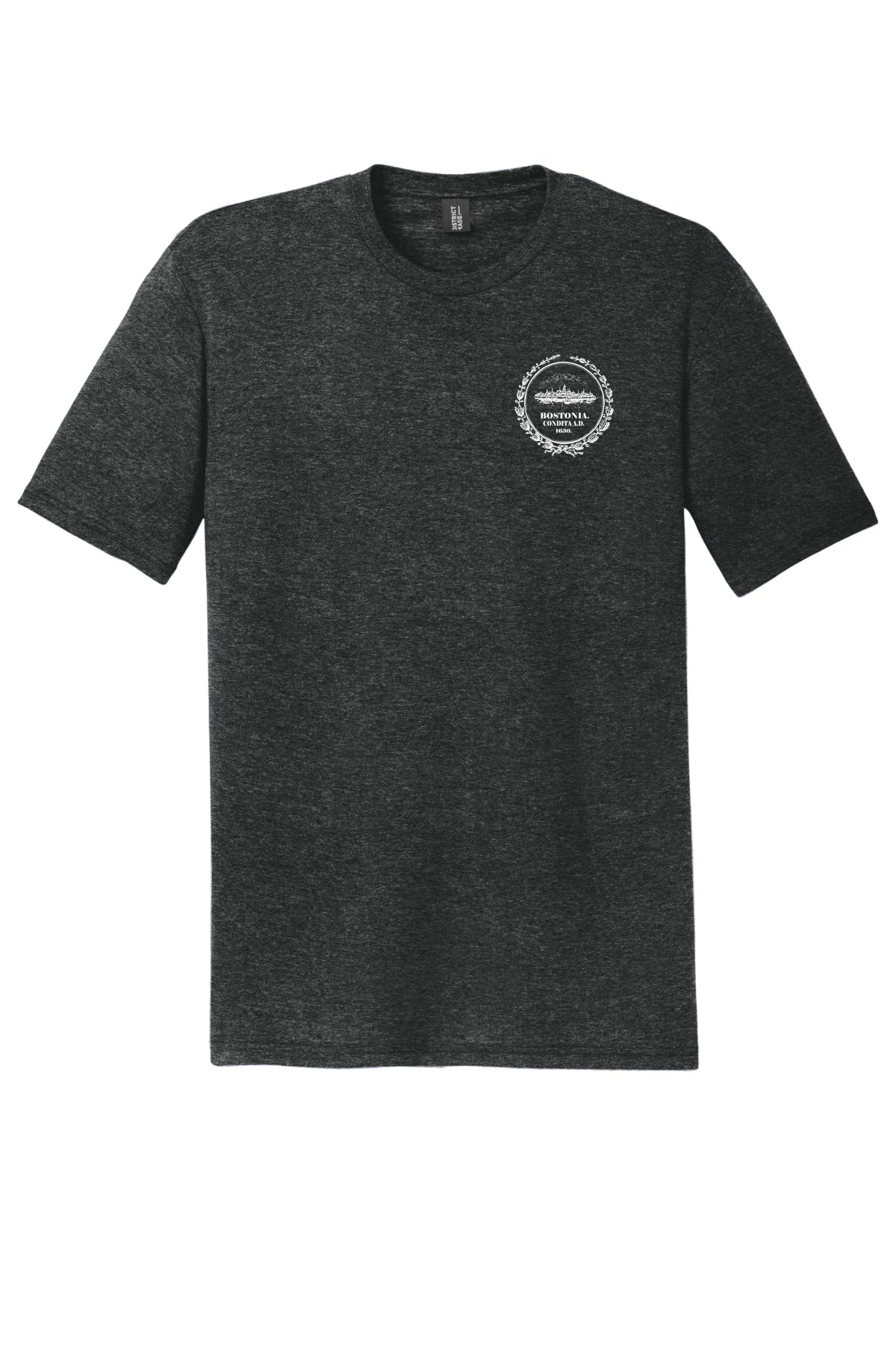 Dark heather grey triblend crewneck tee with a white Bostonia circular chest logo and rib knit neck.