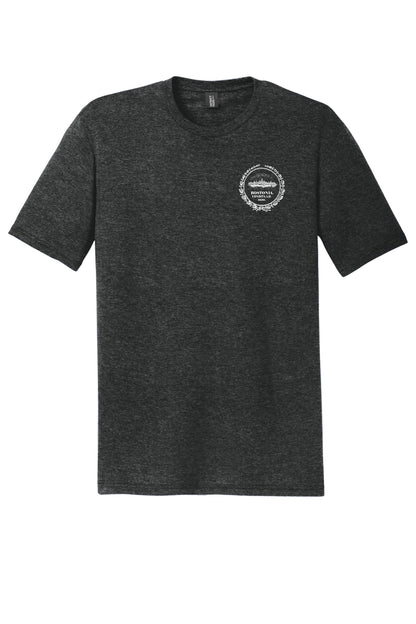 Dark heather grey triblend crewneck tee with a white Bostonia circular chest logo and rib knit neck.