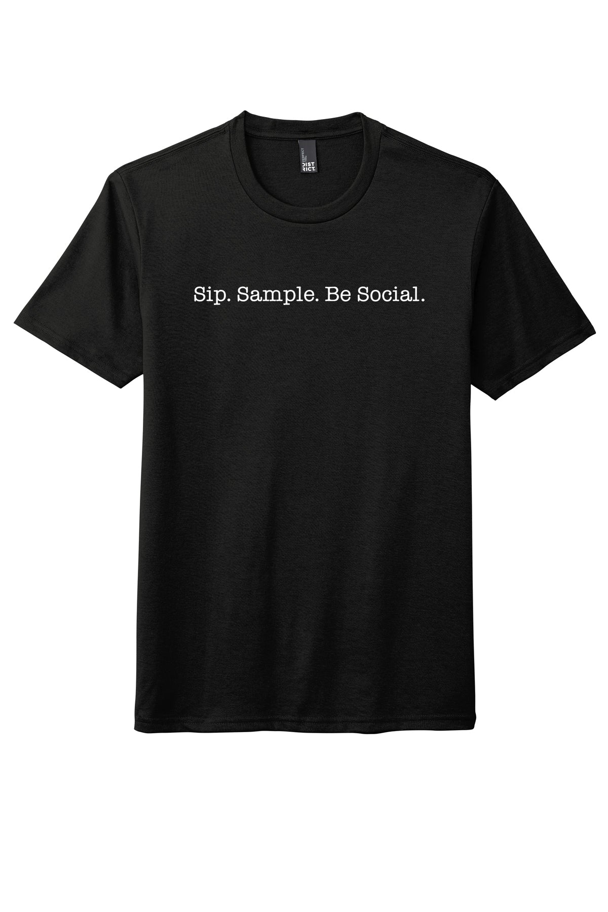 Black Bostonia Perfect Triblend crewneck tee with Sip. Sample. Be Social. white text printed on the chest.