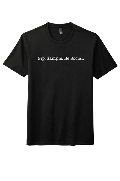 Black Bostonia Perfect Triblend crewneck tee with Sip. Sample. Be Social. white text printed on the chest.