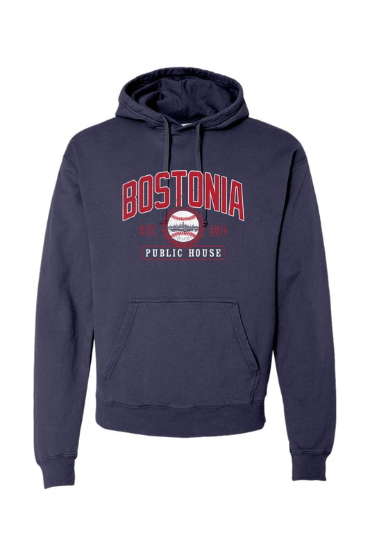 Navy blue garment-dyed men's hoodie featuring a Bostonia Public House baseball graphic in red and white.