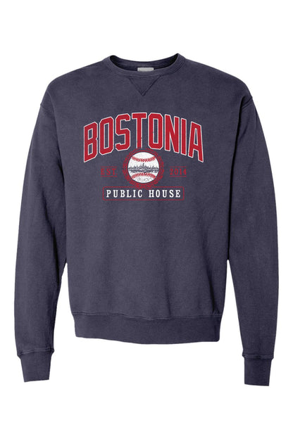 Navy blue garment-dyed crewneck sweatshirt with Bostonia Public House baseball graphic and vintage-washed finish.