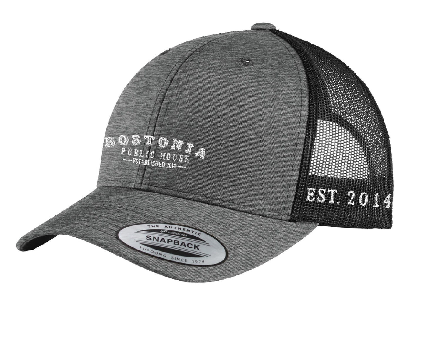 Grey and black Bostonia Public House retro trucker cap with mesh back, structured front, and adjustable snapback closure.