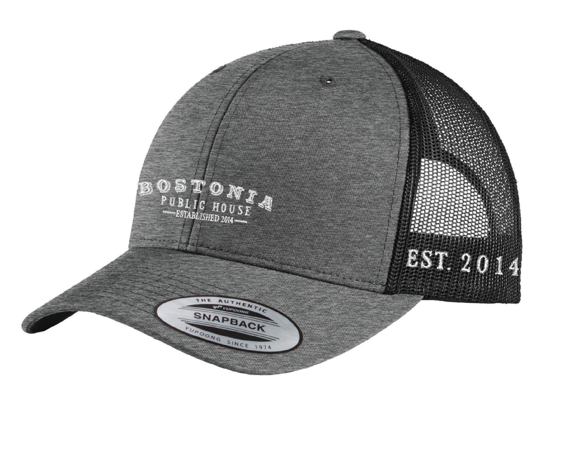 Grey and black Bostonia Public House retro trucker cap with mesh back, structured front, and adjustable snapback closure.