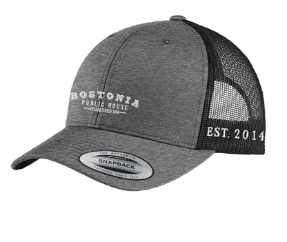 Grey and black Bostonia Public House retro trucker cap with mesh back, structured front, and adjustable snapback closure.