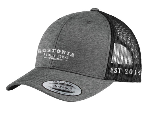 Grey and black Bostonia Public House retro trucker cap with mesh back, structured front, and adjustable snapback closure.