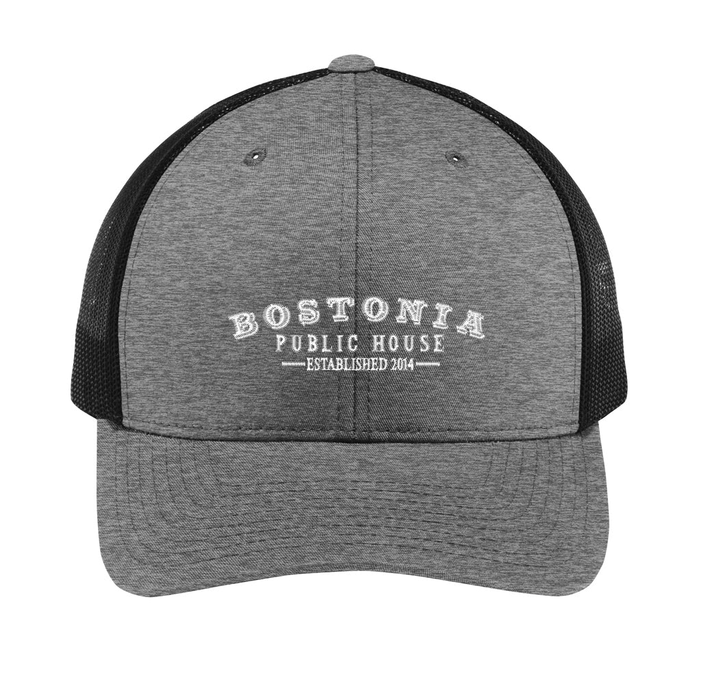 Grey and black Bostonia Public House retro trucker cap with structured front panels and breathable mesh back.