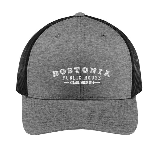 Grey and black Bostonia Public House retro trucker cap with structured front panels and breathable mesh back.