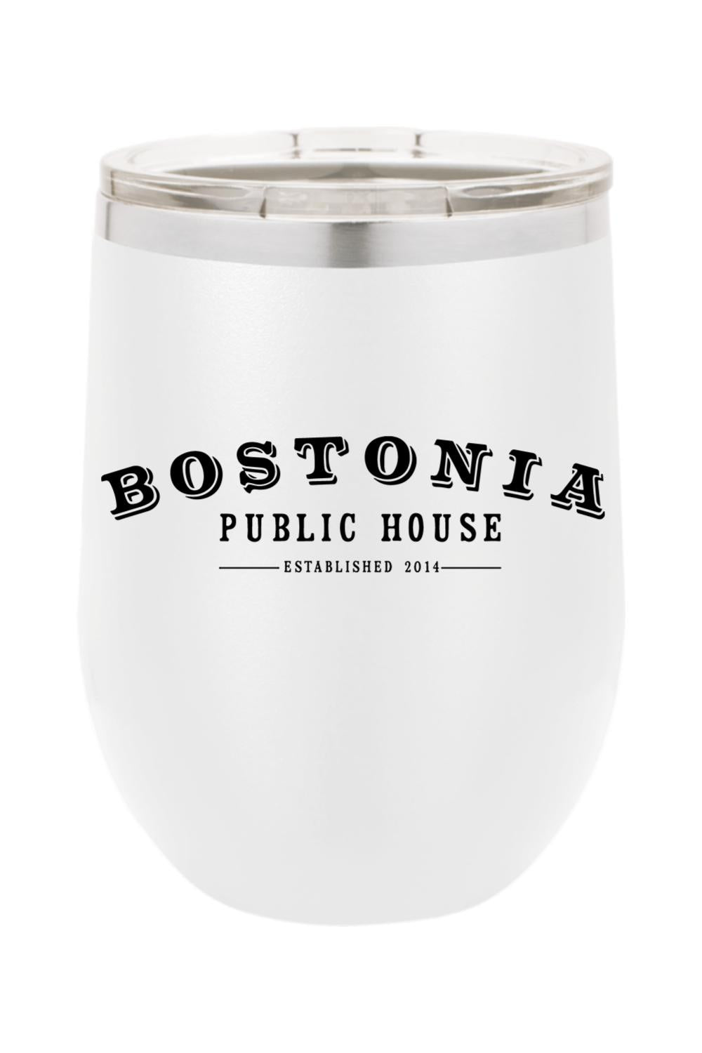 White stainless steel Bostonia Public House wine tumbler with a clear lid and double-wall insulation.