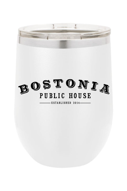 White stainless steel Bostonia Public House wine tumbler with a clear lid and double-wall insulation.